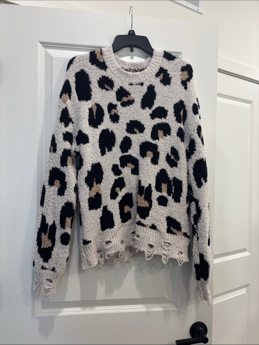 Altar'd State Cream Leopard-Print Distressed Crewneck Sweater